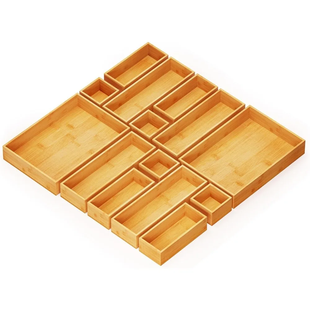 14-Piece Bamboo Drawer Organizer Storage Boxes Set, Wood Tray Junk Drawer Organizers Multi-Use Divider Bins for Kitchen