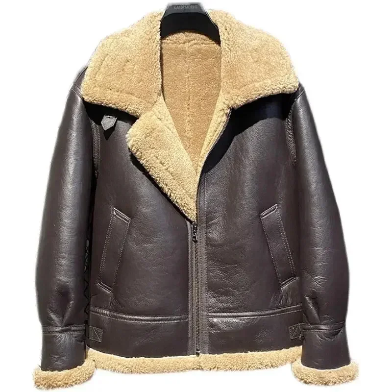 Designer Clothes Men Genuine Leather Coat Natural Sheepskin Shearling Jacket for Male Pilot Outfit Wool Liner Brown 60 62 64 66