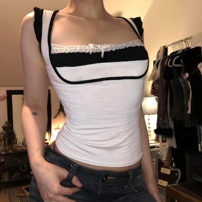 Sexy Euramerican Low Bust Patchwork Lace Streetwear Shirts Y2k Aesthetic Constrast Color Slim Punk Women Tops Harajuku Clothes