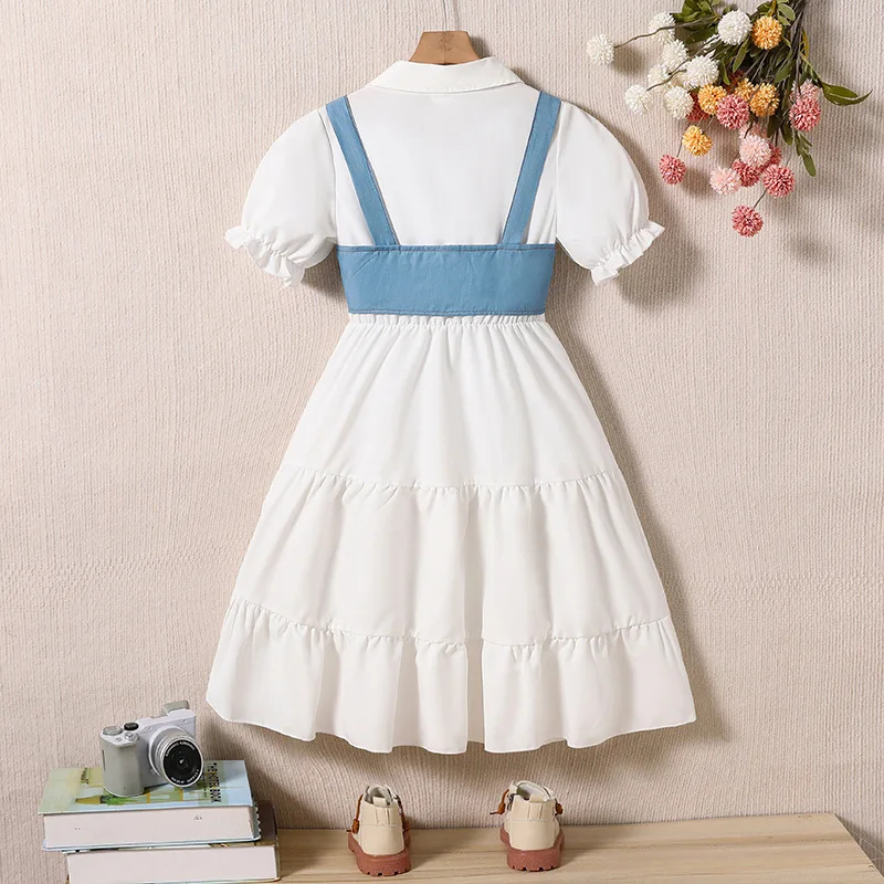 2025 New Arrival Girls Short Puff Sleeve Denim Vest Ruffles White Menina Cute Holiday Night Party Princess Dress Custume 8-12T