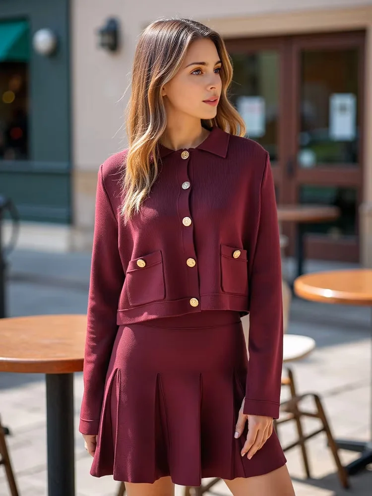 HH Elegant Women Knitted Red Skirts Suits Lapel Single Breasted Long Sleeve Cardigan Elastic Waist Mini Skirt Casual Party Sets view 4