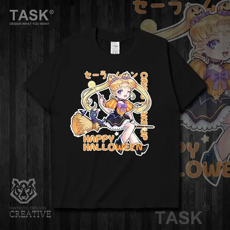 Sailor Moon Halloween T-Shirt Cute Witch Tsukino Usagi Luna Cat Graphic Tee Women Men Japanese Anime Cotton Short Sleeve Top