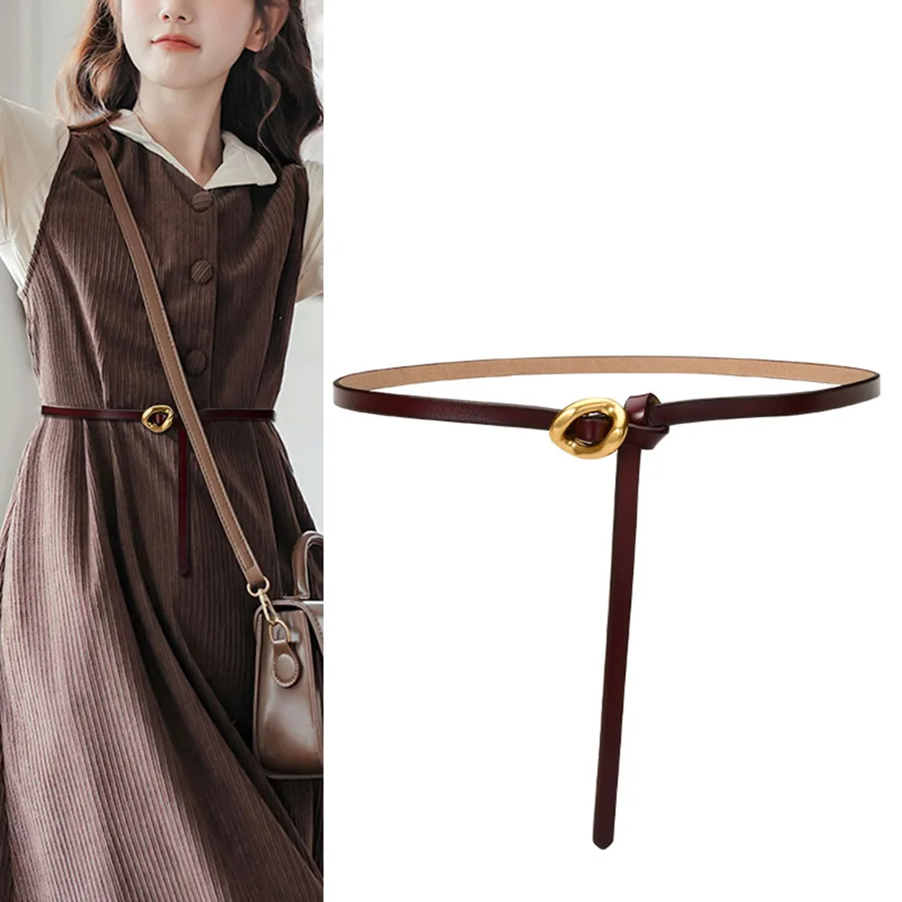 Style Simple Women's Skinny Genuine Leather Waist Belt with Metal Buckle and Knot Detail Adjustable for Dresses