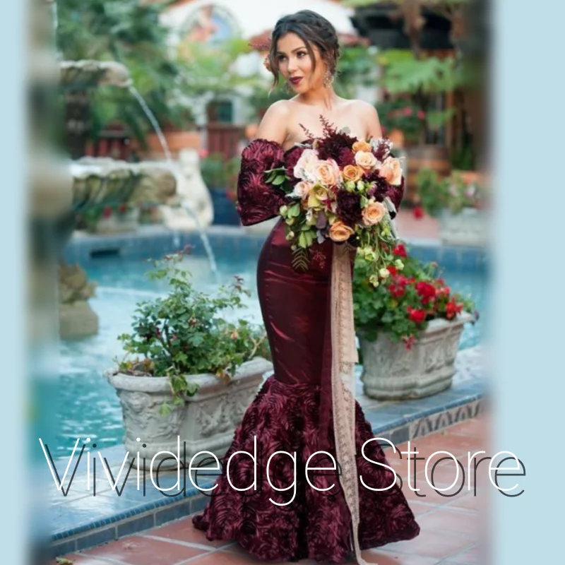 Burgundy Unique Elegant Wedding Off Shoulder Ruffled Fishtail Pleated Floor Length Bridal Gowns Customized