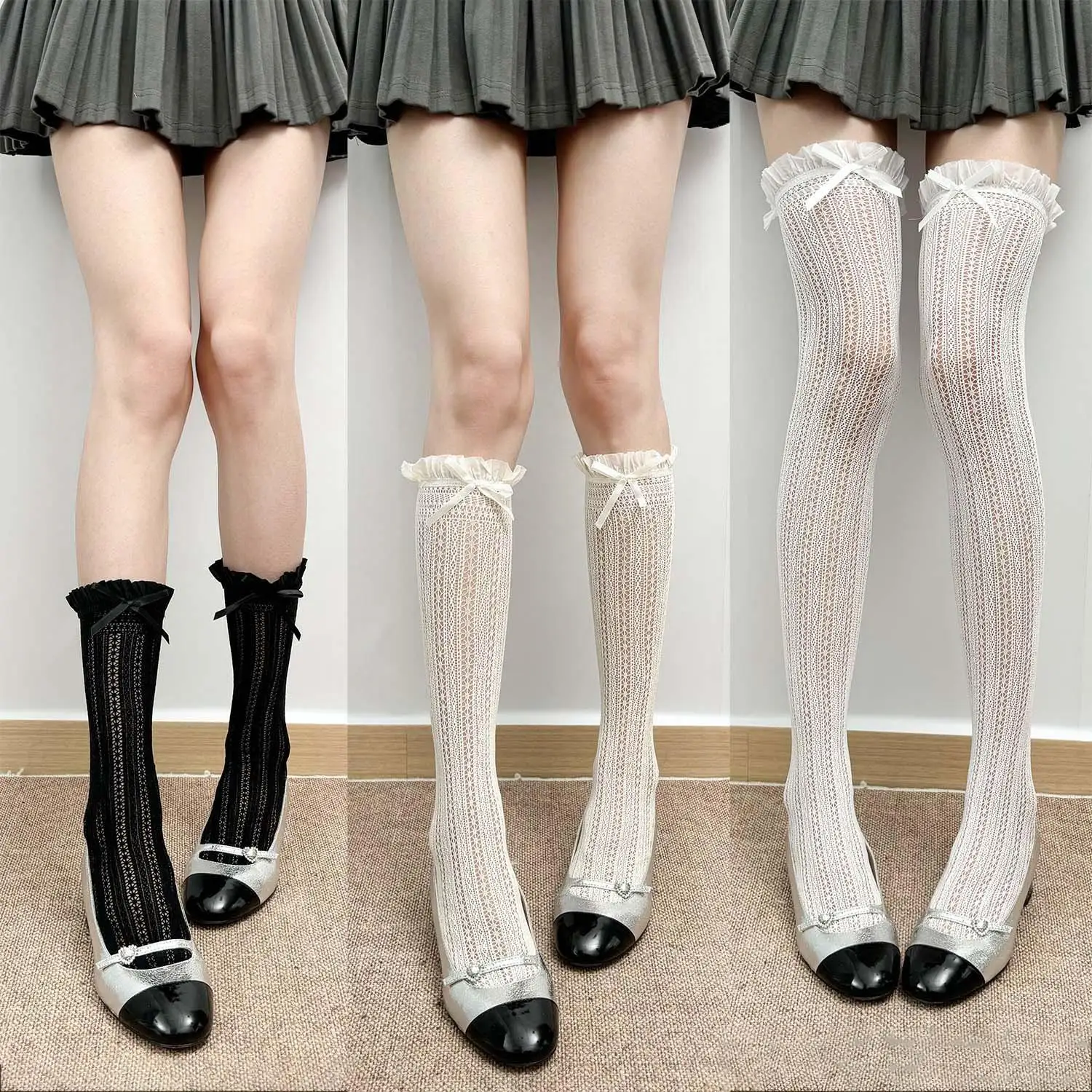 Cute Lace Edge Calf Socks Women Thin Mesh Stockings Pure Desire JK Socks Lolita Hollow Fishnet Socks Solid Bow Trim Knee Socks