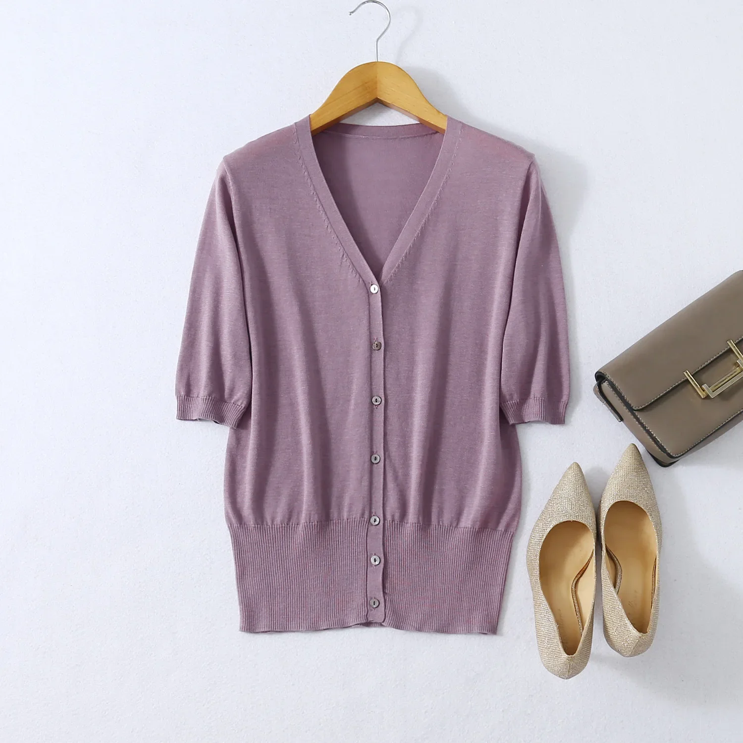 2025 Women's Autumn/Winter Cardigan 70% Natural Mulberry Silk 30% Cotton V-neck Short Sleeved Temperament Breathable Coat