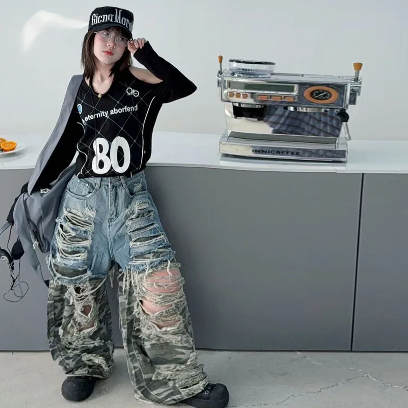 Summer Teen Girls Big Holes Spliced Camouflage Jeans 4-14 Junior Hip Hop Jazz Street Dance Kids Wide-leg Pants Children Trousers