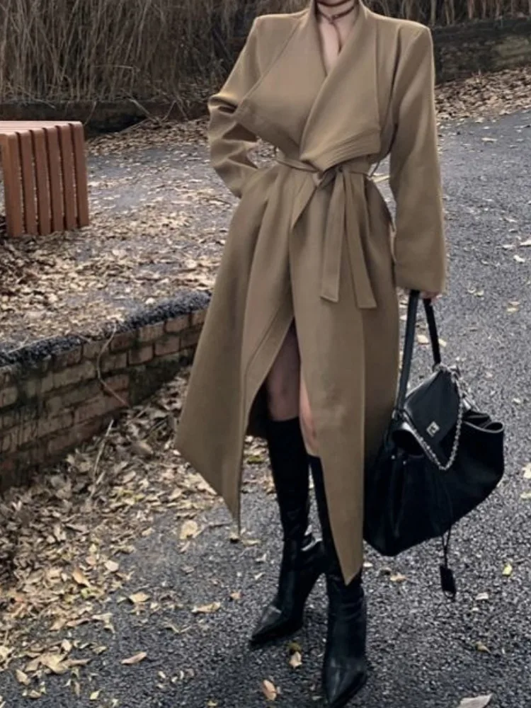 2025 Autumn Windbreaker Women's Khaki Black Trench Coat Casual Loose Slim Fit Large Lapel Cardigan Style Long-Sleeve Outerwear