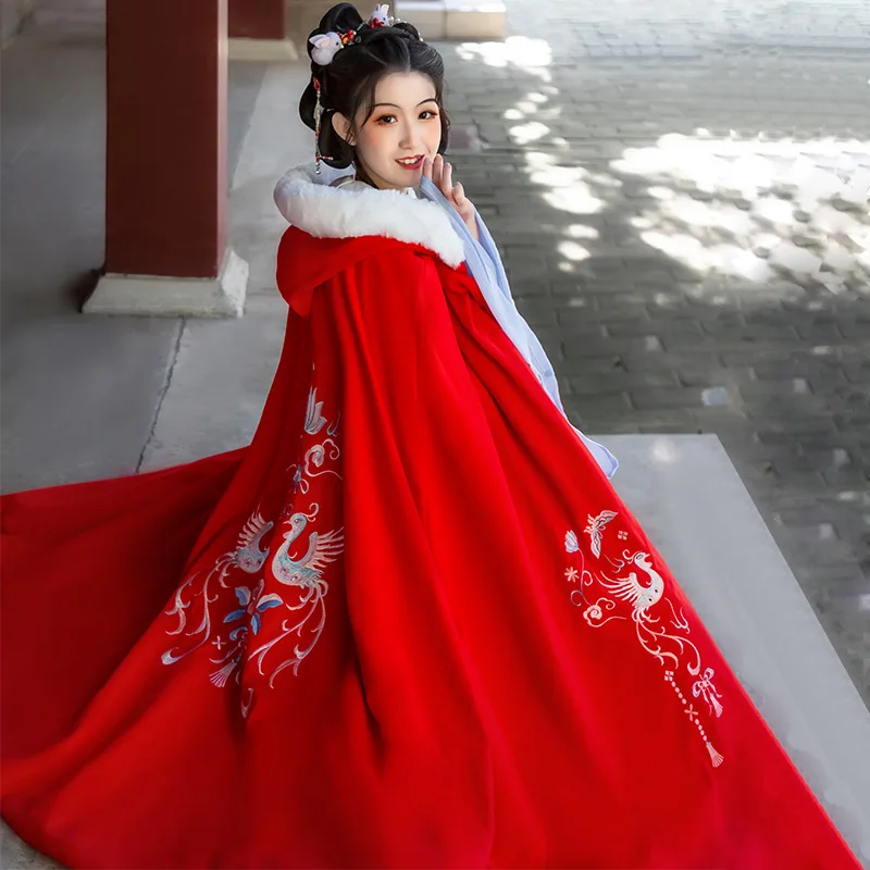 Cloak Women's Han Chinese Clothing Winter Woolen Velvet Padded Thickened Coat Red White Machine Embroidery Ancient Style Long