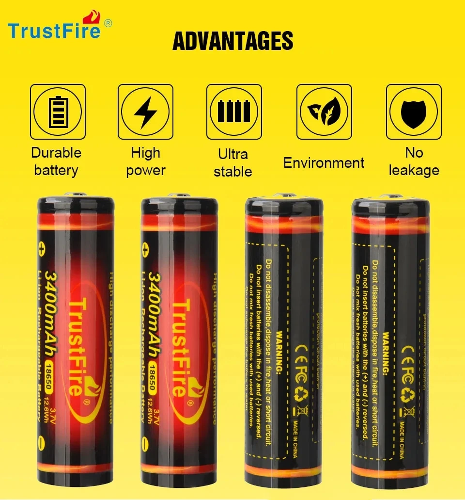 4PCS 18650 Battery 3400mAh Lithium Ion Batteries Top Cap TrustFire 2400-3000mAh Rechargeable Li ion Cell For UAV Flashlight Toys