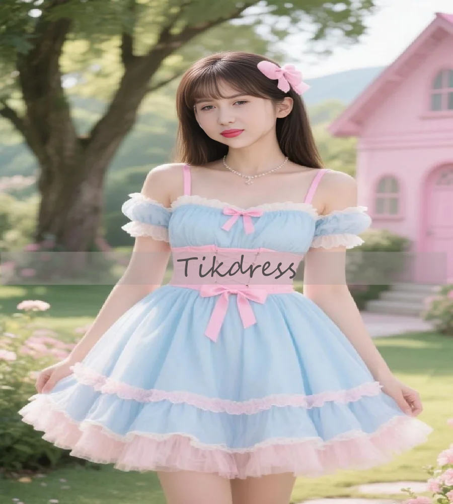 Sexy Blue With Pink Lolita Dress Short Sleeve Ruffles Hem Prom Dress Mini Short Cosplay Evening Dress 2025 Birthday Customized
