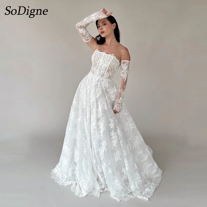 SoDigne Customized  A-line Lace Wedding Dresses Strapless Detachable Sleeves Bridal Dress Women Long Beach Wedding Gown