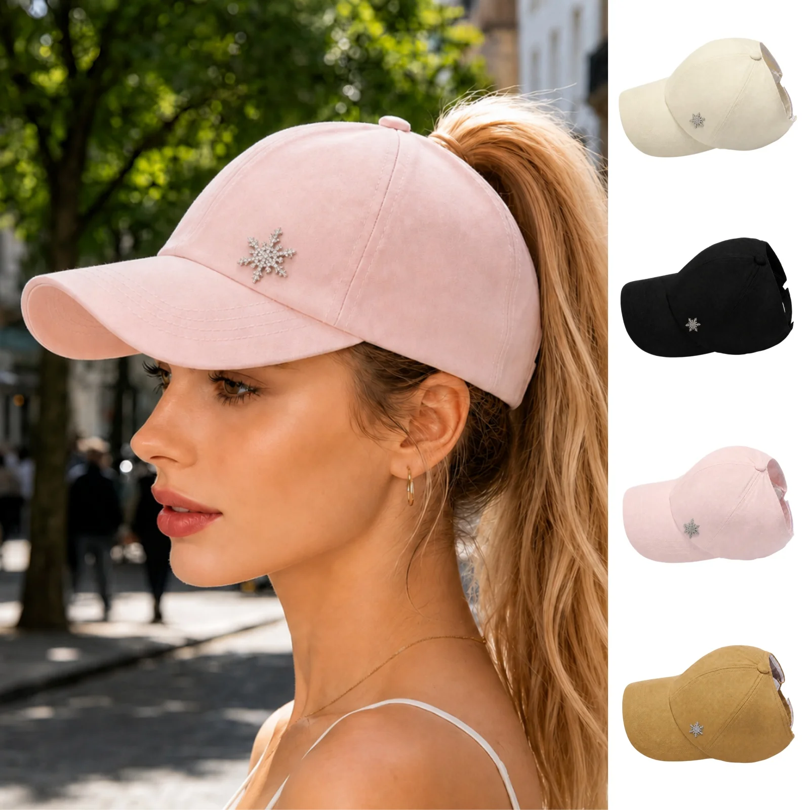 Women's Rhinestone Snowflake Baseball Cap High Ponytail Hole Solid Color Snapback Hat Daily Commute Travel Hat
