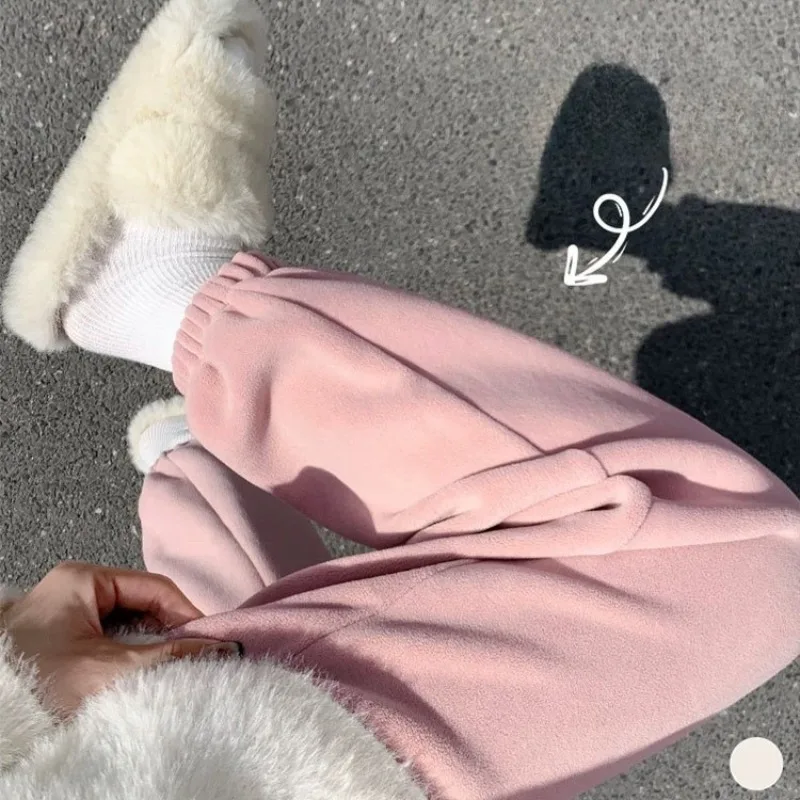 ピンクフリーススポーツパンツ女性用秋と冬厚手暖かい綿パンツ小柄な足首バインディングフリースサニタリーパンツ