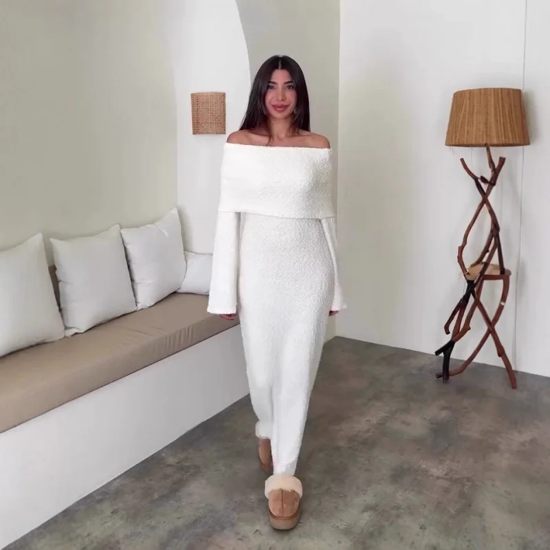

2025New Autumn Style Sexy Soft Elegant Long Sleeve Long Dress Off-Shoulder Dress