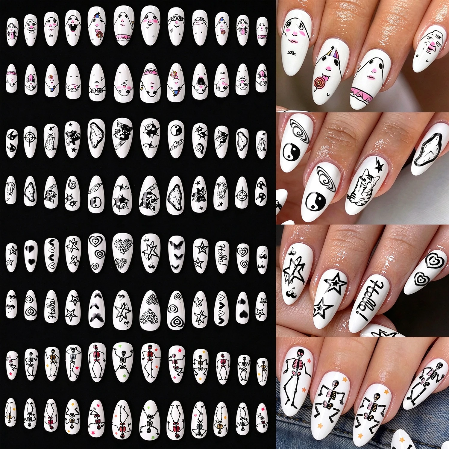 96Pcs Gothic Punk False Press On Nails Long Almond White Hand Drawn Cartoon Print Wearable Nails For Women Daily Outfit Decors *