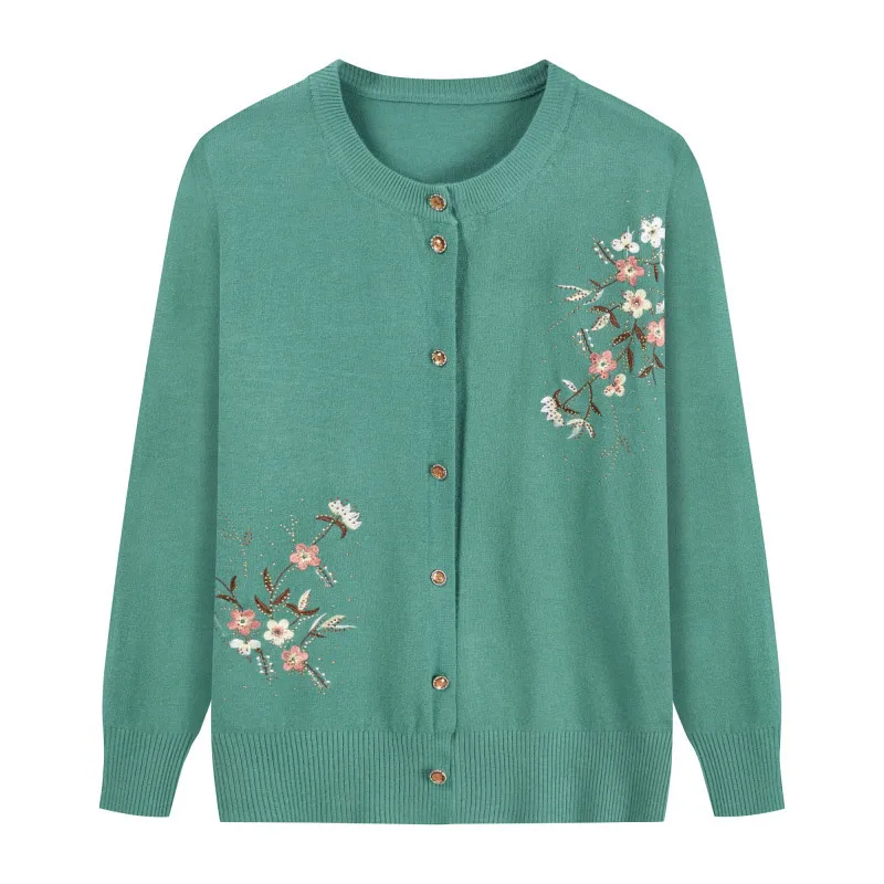 Flower Printing Knitwears Grandma's Autumn Winter Sweater Coat Middle-Aged Mother Cardigan Embroidered Knitting Top For Women