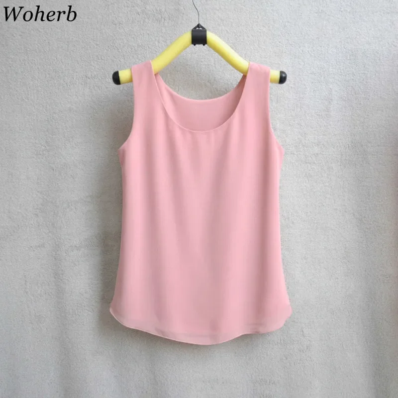 Woherb Summer Chiffon Blouse 31 Colors Sleeveless Vest Women Casual Loose Tops Not Perspective Shirt Ladies Solid Blusas 21432