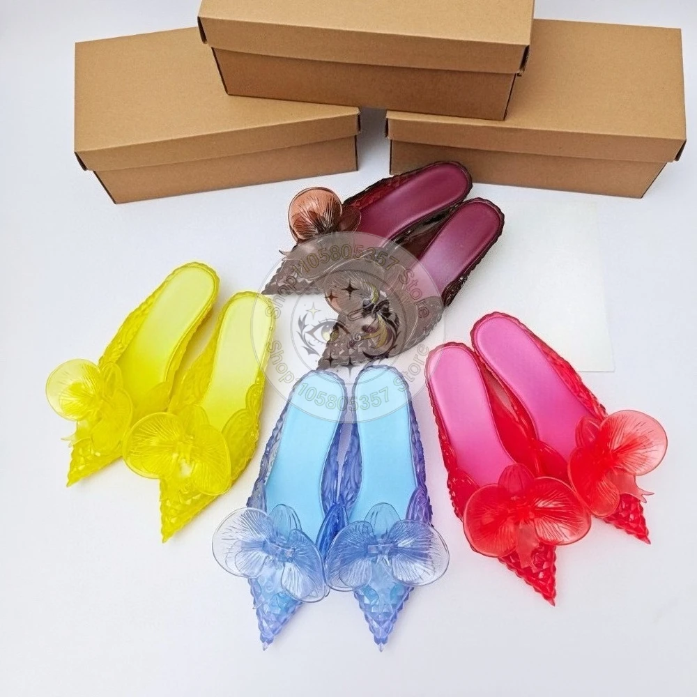 New Brand Style Women Pointed-toe Witch Crystal Low-heeled Slippers Retro Elegance Slippe Ladies Fashion Summer Jelly Slides