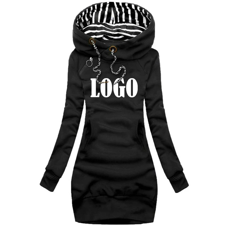 Customized Newest Women Hoodie Solid Color Hooded Long Sleeve Dress Hoodie Drawstring Sweatshirt Long Sweatshirt