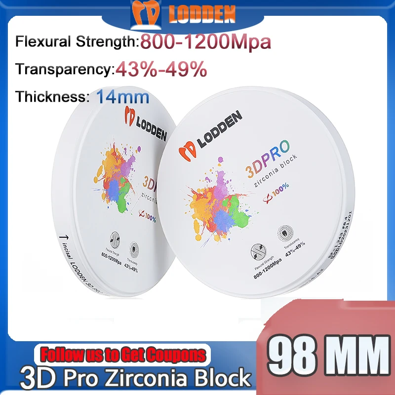 

LODDEN 3D Pro Multilayer Dental Lab Zirconia Block 98*14mm Transparency 43-49% Strength 800-1200Mpa CAD CAM Shades A1 A2 A3 A3.5