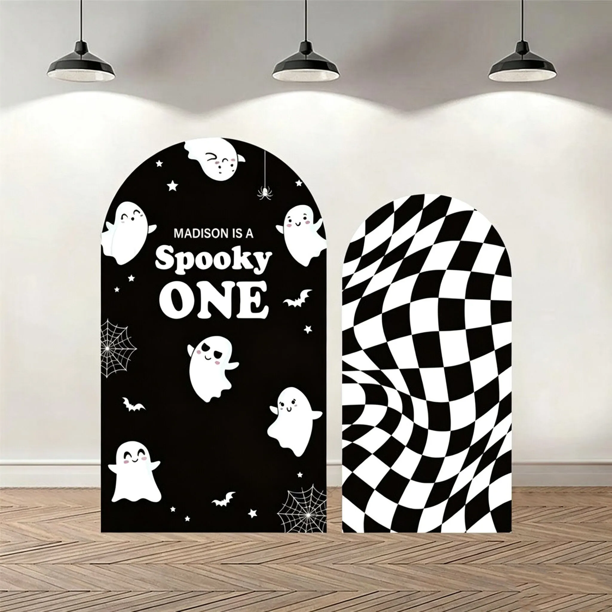 Custom 2-Side Spooky One Baby Shower Arch Backdrop Cover Halloween Ghost Black and White Squares Birthday Party Decor Backdrop