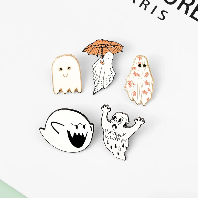 Pin con insignia, paraguas de café personalizado, broches Overthink, Pin de solapa, pantalones vaqueros, camisa, bolso, joyería oscura de Halloween, regalo, esmalte de Escape fantasma