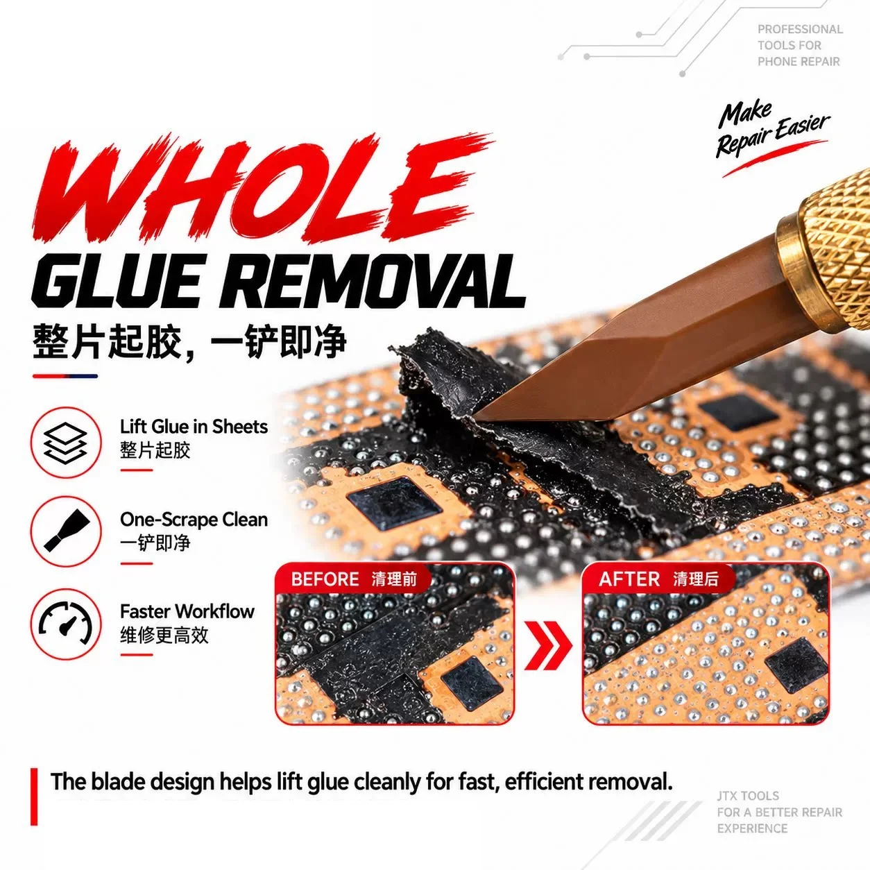 JTX CPU Special Glue Removal Blade Heat‑Resistant Precision Mainboard Black Adhesive Cleaning for Phone Motherboard IC Repair