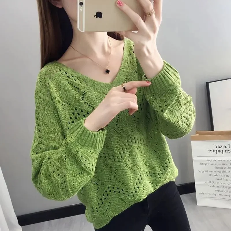 Sweaters Women Casual V-neck Solid Jumpers Pullovers Spring Summer Womens Sweater Hollow Out Knitwear Bottoming Shirt