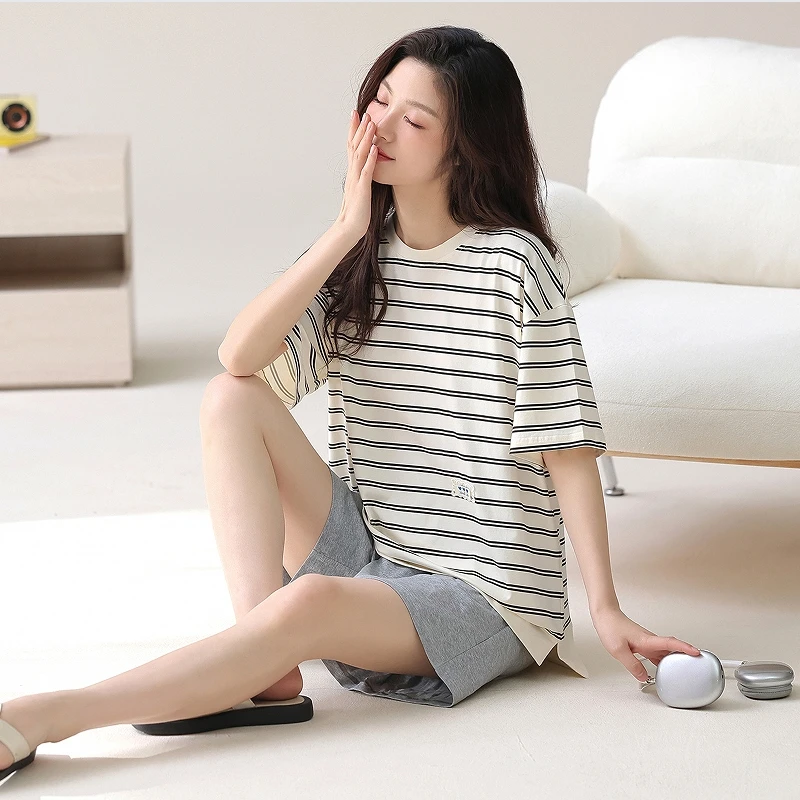 2026 Pure Cotton Women's Summer Lightweight Short Sleeve Short-Pants Two-Pocket Homewear Set with Round Neck and Trendy Outerwea