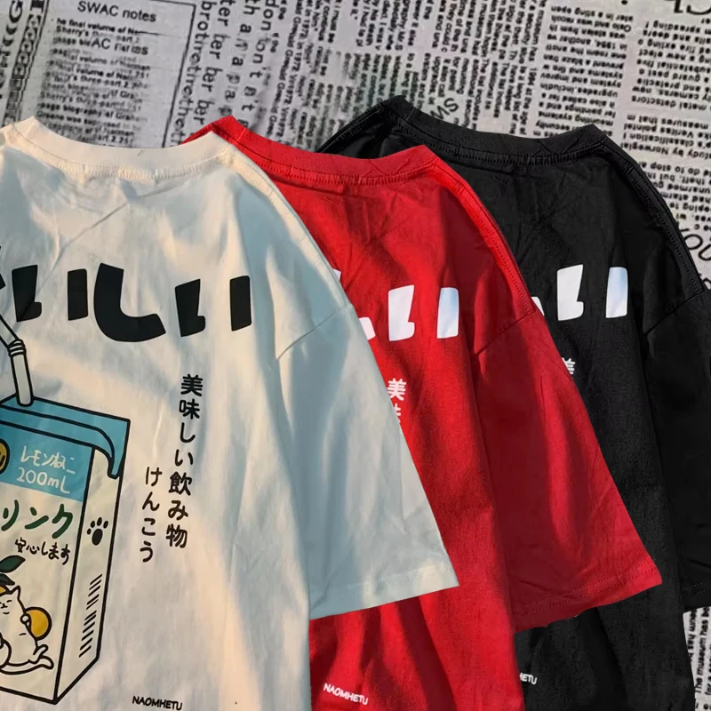 

Oversized Harajuku Women's T-shirt Cute Japanese Cat Print Loose Casual Short Sleeve Tee Streetwear Top for Men