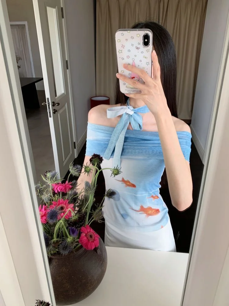 

Y2k vintage short sleeved top with goldfish print mesh T-shirt, slim fit, summer hot girl, one line new style, pure desire short