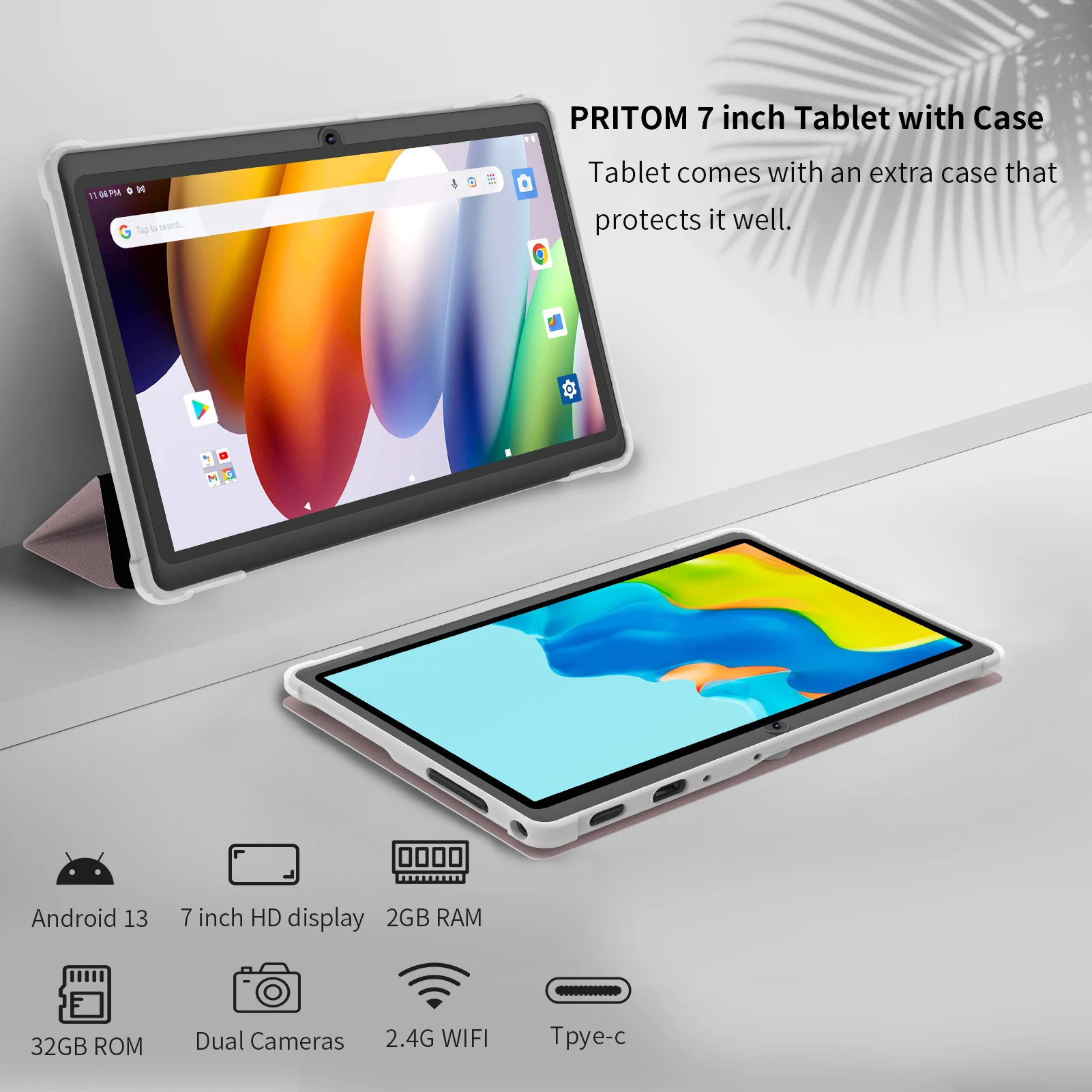 Pritom 7 Polegadas Tablet PC, Android 13 Quad Core, 4GB (2+2GB Virtual) RAM 32GB ROM, WiFi, Câmera Dupla, USB C, com Estojo de Couro