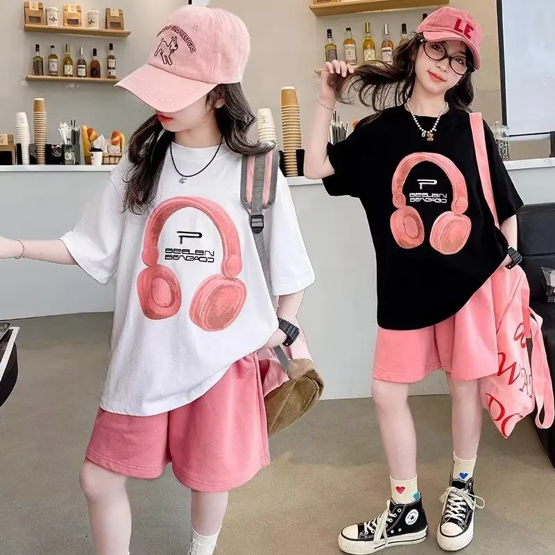 New Summer GirlsCotton Suit Korean High Street Fashion Kids Printed T-shirts Shorts 2 Piece Set High Quality Children's Set 2024