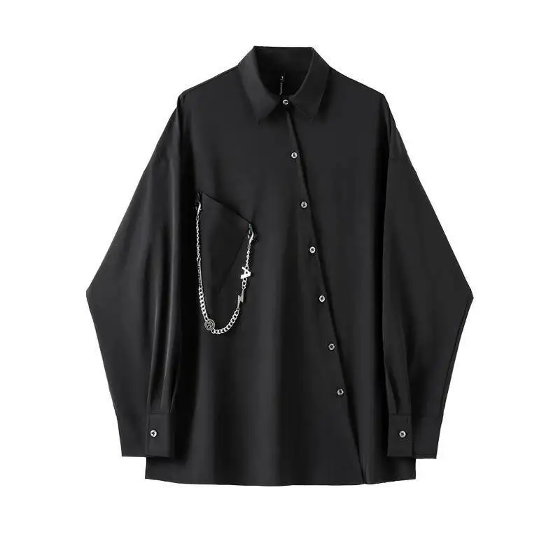 

Punk Chain Unisex Black Shirt With Chain Loose Vintage Slant Placket Drape Long Sleeve Design Neutral Style Couple Top