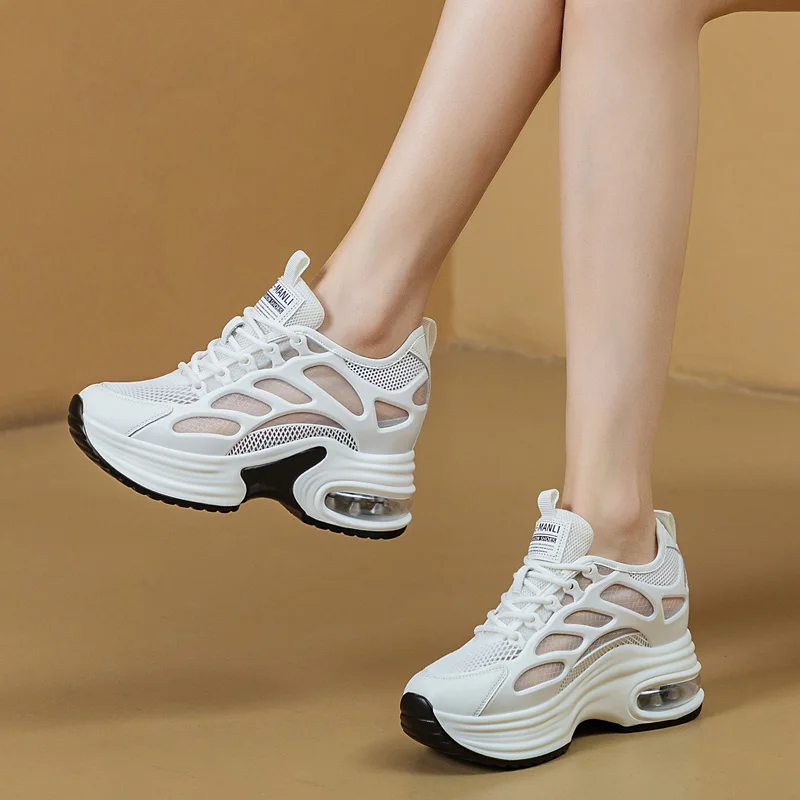 8CM Air Mesh di alta qualità bianco donna scarpe traspiranti piattaforma zeppa Sneakers Chunky Casual scarpe sportive donna primavera estate