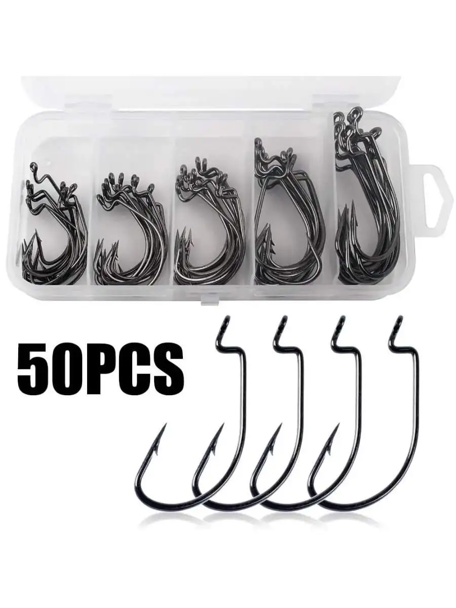 50pcs Fishing Hooks Worm Soft Bait FishHooks with Plastic Box Black Red Crank Hook Set