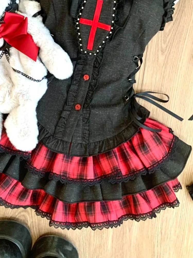 Japanese Dark Academia Gothic 2 Piece Set Women Slim Sleeveless Top + Plaid Cake Skirt New Vintage Fashion Sweet JK Outfit 2025 - Image 4