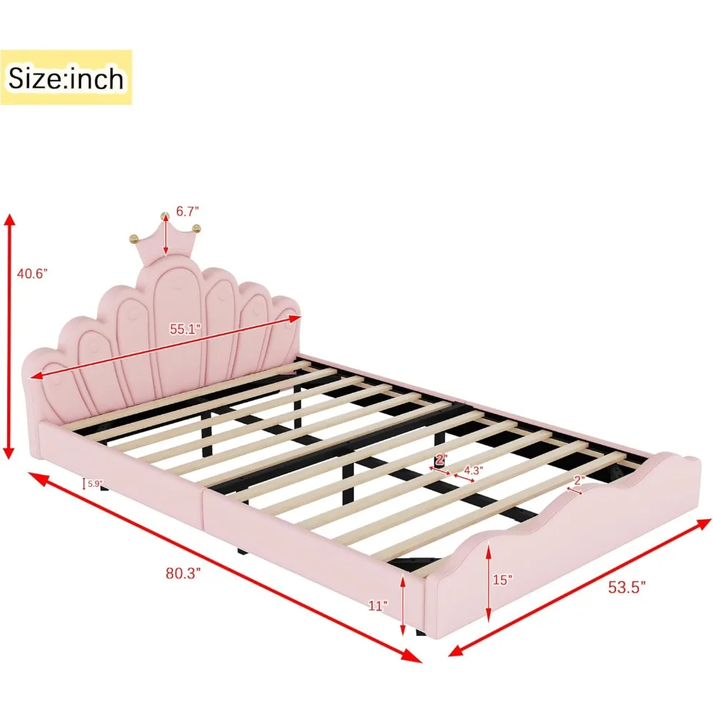 Full Size Crown-Shaped Princess Bed with Soft PU Leather Padding and LED Light Strips,Unique Bed Frame w/Headboard & Footboard