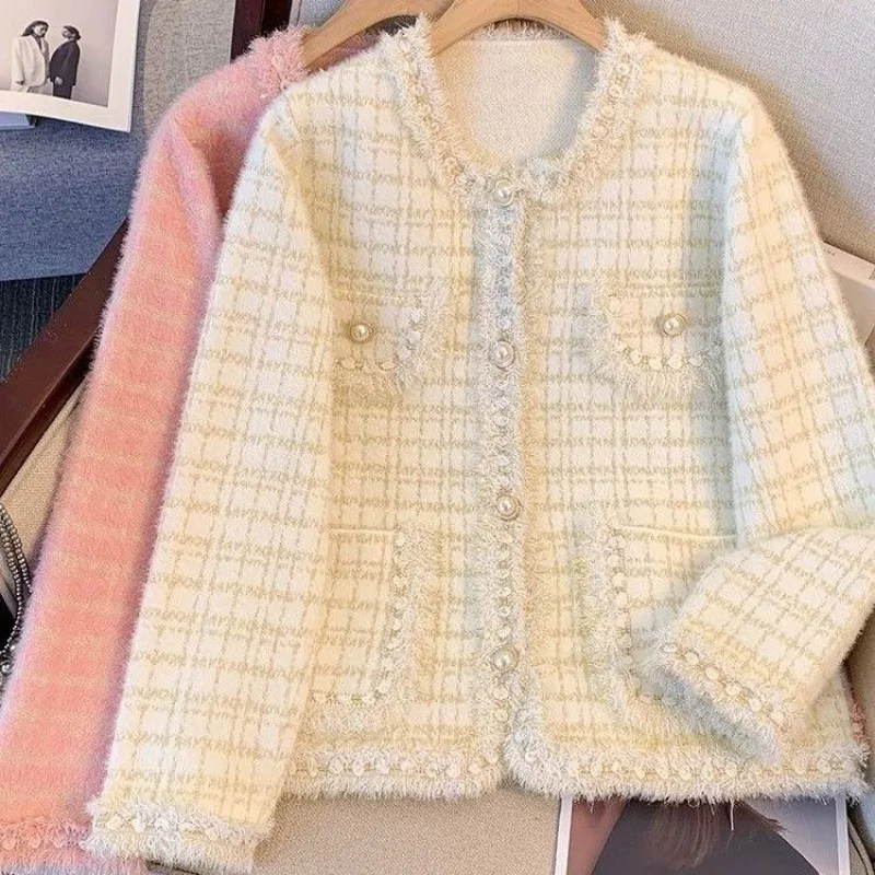 Women's Clothing Coats Trendy Autumn Winter Knitted Cardigan Soft Fluffy Faux Mink Knitted High-end Pink Coats New Loose Black