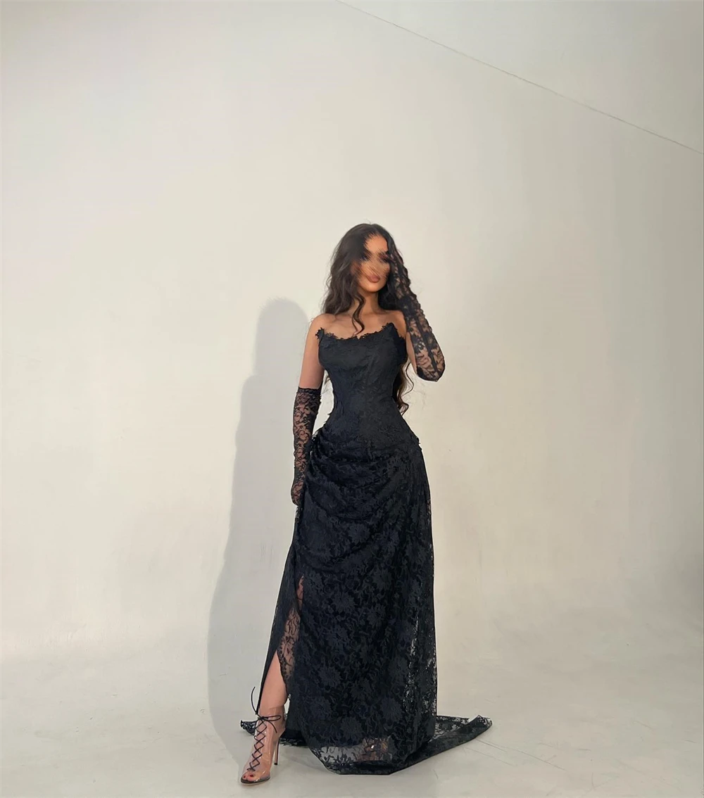 Customized  with Slit Fashion Strapless Straight Party Dress Floor Length Lace Formal Evening Gowns выпускное платье イブニングドレス