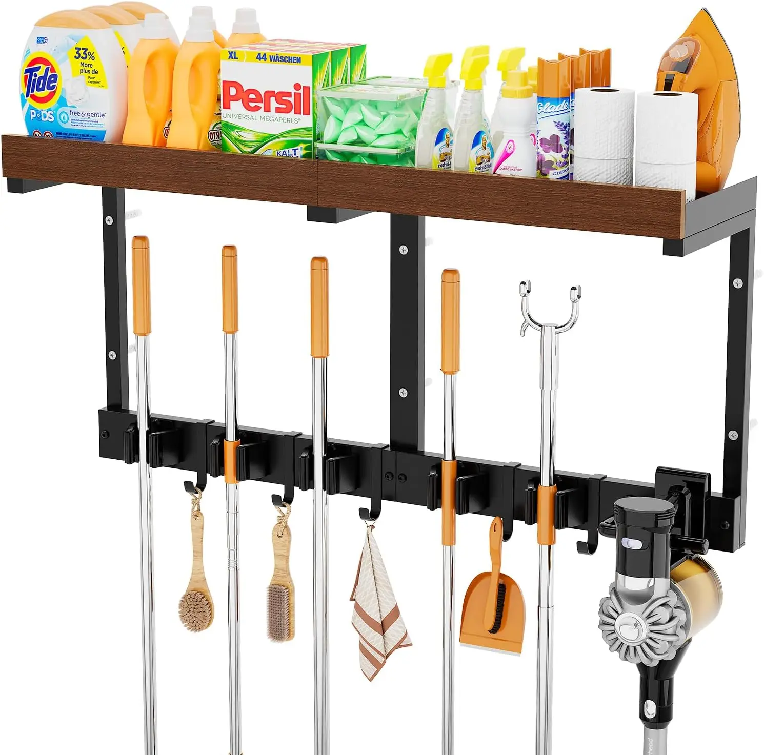

Настенный держатель для швабр с органайзером для чистящих средств, вешалка для швабр для дома, гаража, кухни