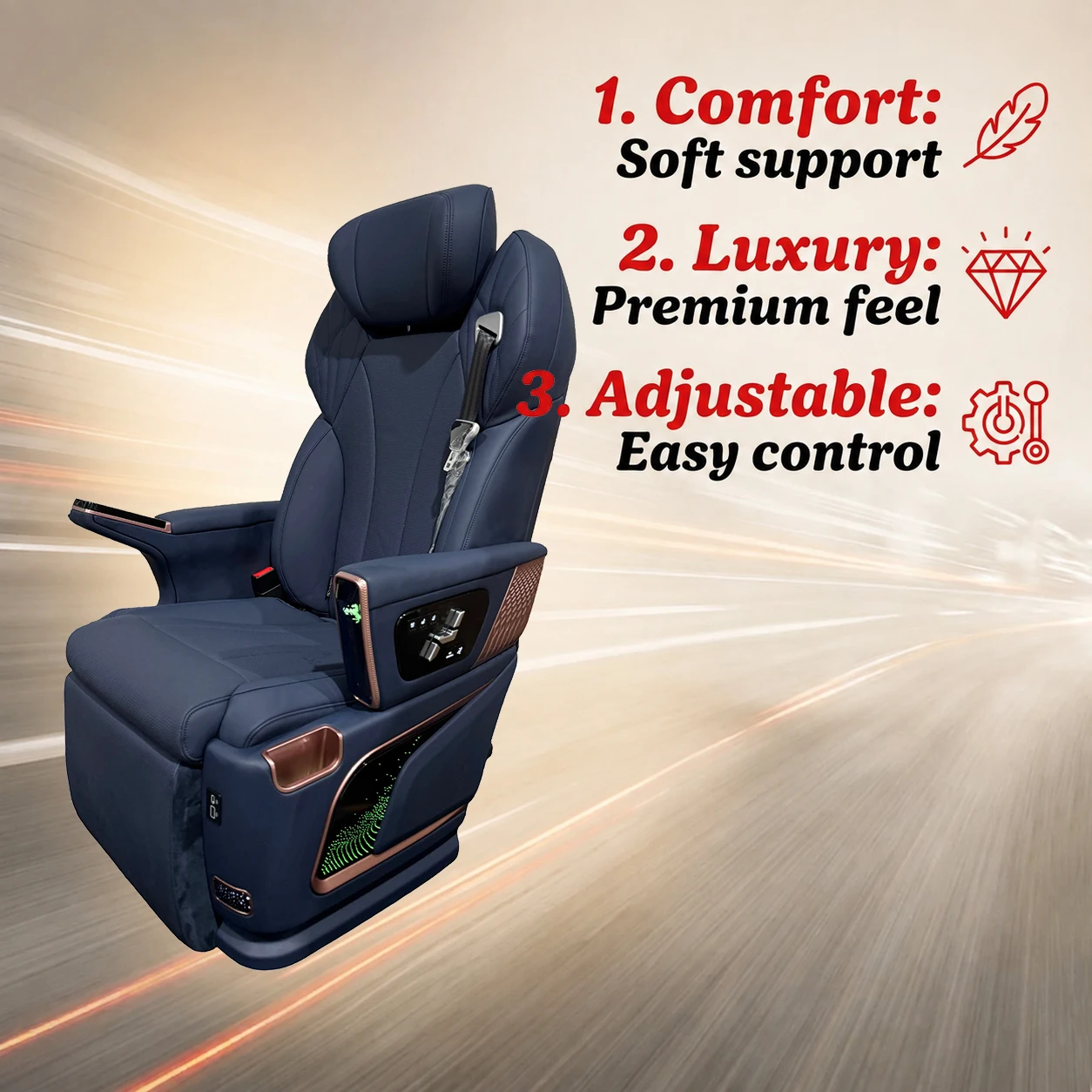 VIP Luxury Van Seat with 180 Swivel Touchscreen Wireless Charge for Mercedes Benz Vito HiAce Toyota Coaster