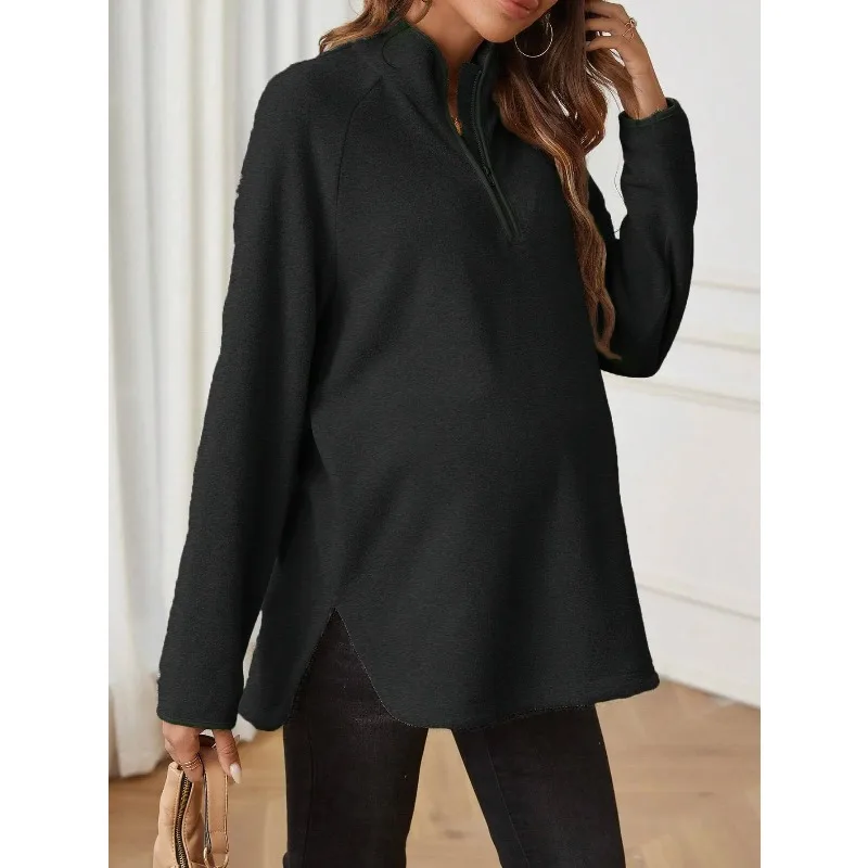 Maternity Clothes for Women Autumn Winter Pregnant Dresses Photoshoot Clothing Fashion Plain Zipper Loose Long-sleeved T-shirt