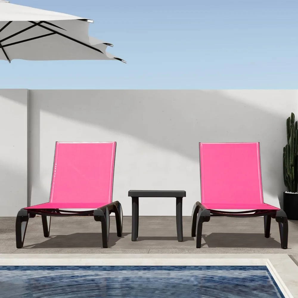 Domi Patio Lounge Chairs Set of 3, Aluminum Pool Chaise Lounge with Side Table,5 Position Adjustable Backrest and Wheels