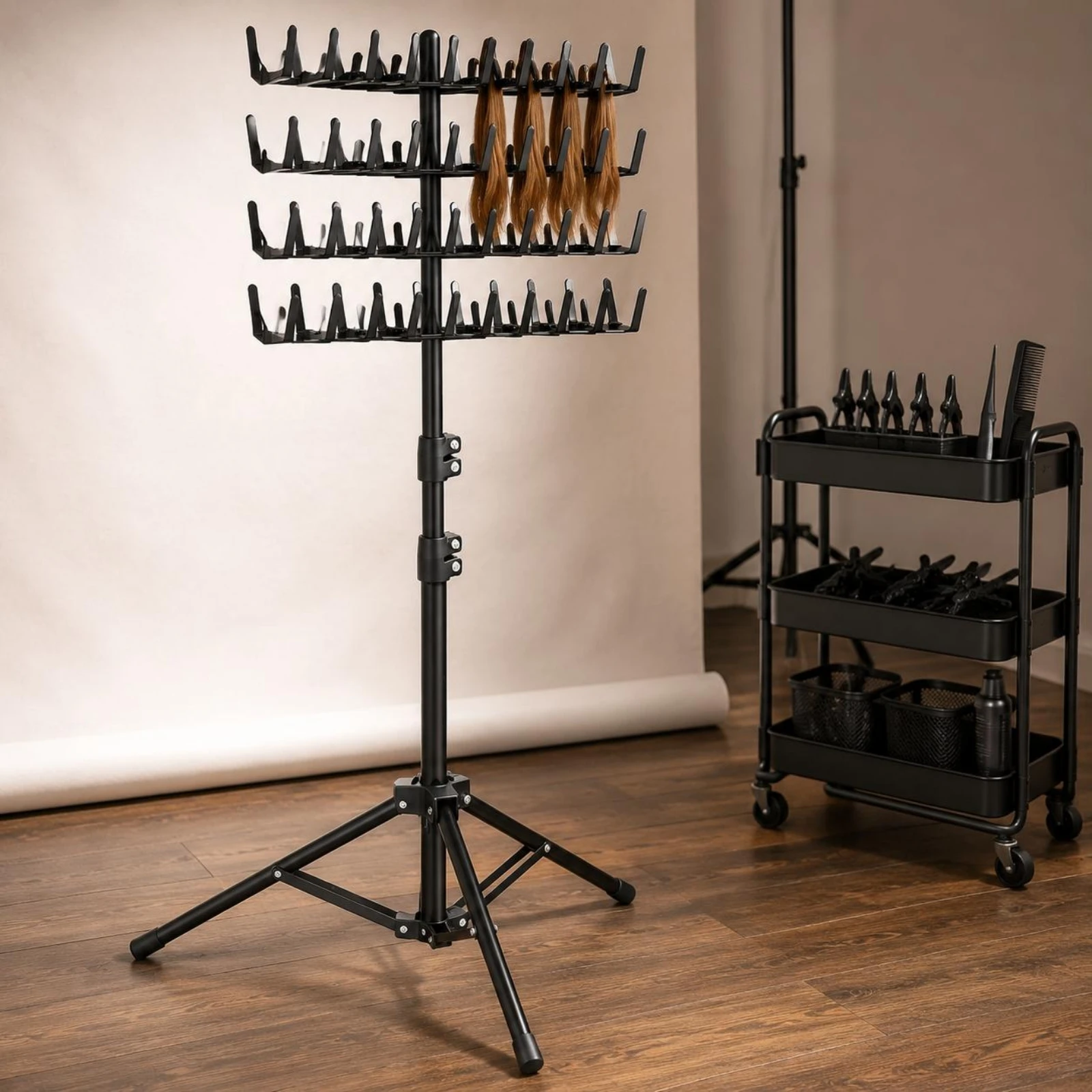 Telescopic Braiding Rack Adjustable Clamp Tripod Braiding Stand Hair Extension Organizer Rack Section Clips for Salon
