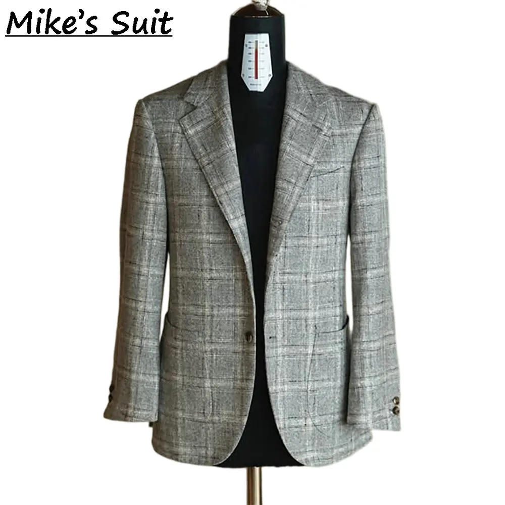 Men One Button Notch Lapel Blazer, Light Grey Thin Line Glen Check Wool Tweed Fabric, Business Daily Wedding Jacket