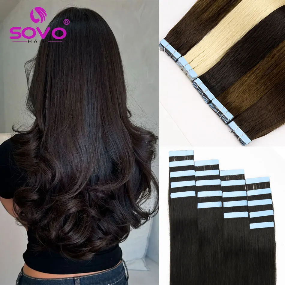 SOVO Tape in Hair Extensions 100% Human Hair Seamless Tape Hair Extensions 4x0.8cm Skin Weft PU Tape On Hair 20PCS 14