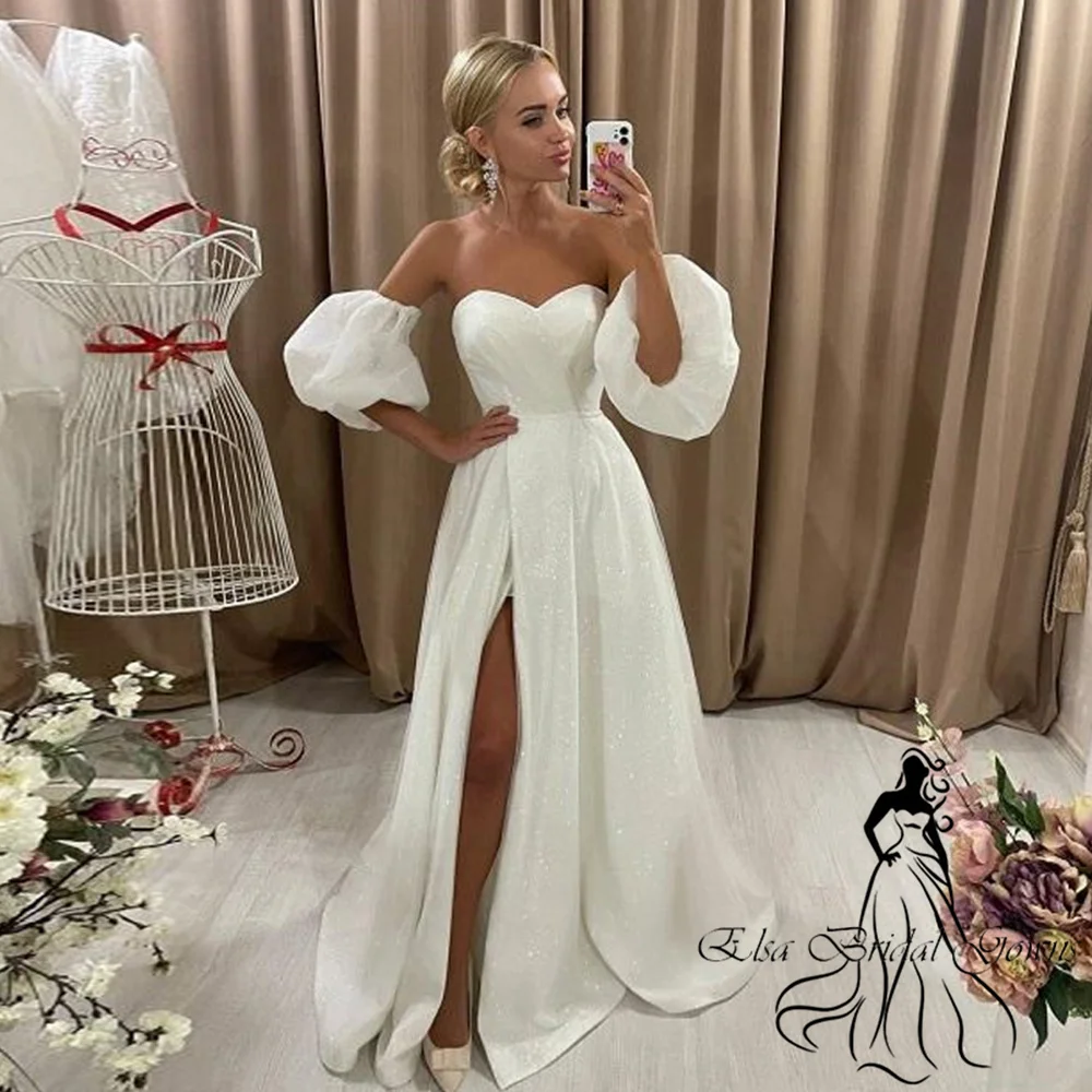 Simples glitter vestidos de casamento profundo querida puff mangas longas vestidos de noiva divisão lateral sexy a linha tule mulher noiva dresss