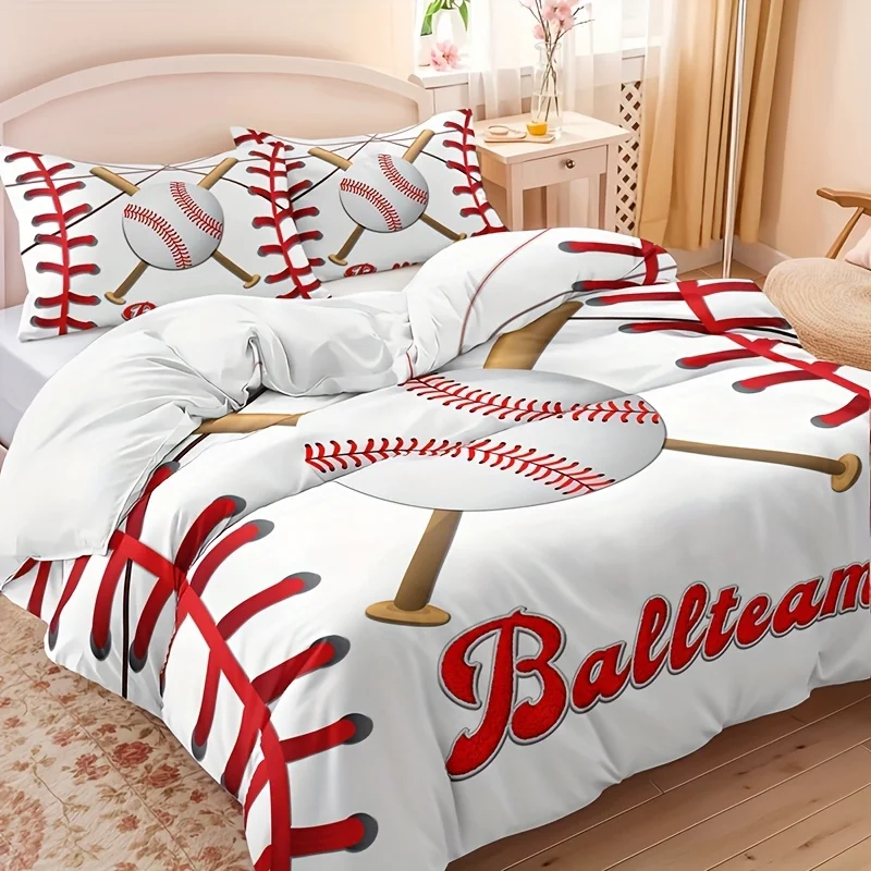 Baseball Duvet Cover Set 3Pcs Sports Ball Team Bedding Set for Boys Teens Adults Bedroom Quilt Cover with Pillowcases